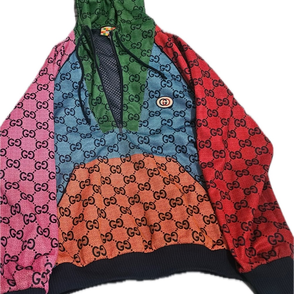 Gucci Zip Up Sweater in Green and Red with Iconic Monogram